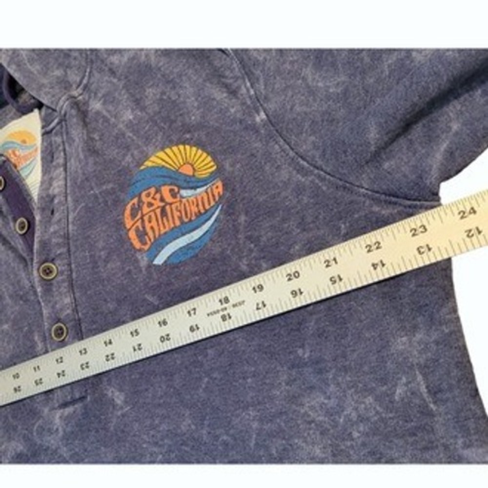 C&C California Men's L Blue Acid Wash Henley Graphic Hoodie Sun Wave Surf Beach‎ - Picture 6 of 7